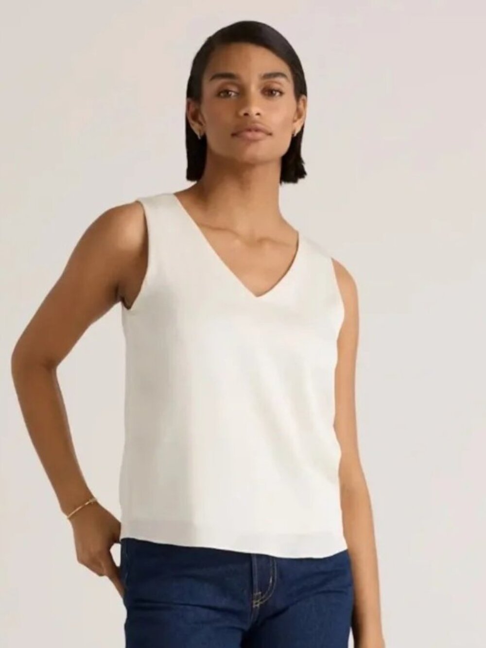 Quince Ivory Washable Stretch Silk V-Neck Tank, Size Small